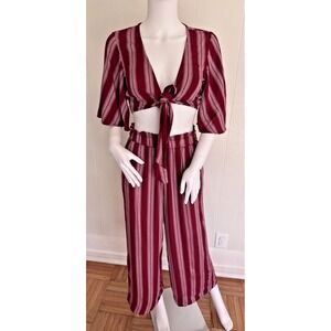 American Eagle Burgundy Striped Two Piece Matching Set XS Front Tie Crop Top